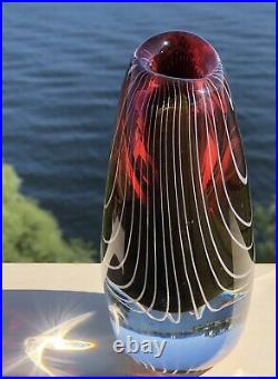 Signed VICKE LINDSTRAND KOSTA BODA Vase Zebra Red With White Stripes Glass 1950