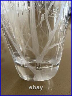 Signed VICKE LindSTRAND Kosta Boda Birds Trees Crystal Etched studio Glass Vase