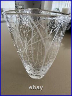 Signed VICKE LindSTRAND Kosta Boda Birds Trees Crystal Etched studio Glass Vase