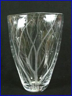 Signed Vicke Lindstrand Kosta Boda Birds Trees Crystal Etched Glass Vase 9