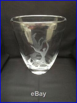 Signed Vintage MCM Kosta Vicke Lindstrand Large Etched Glass Vase Horse & Man