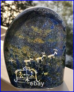 Signed WARFF Lappland KOSTA BODA SWEDEN Petroglyph Glass Reindeers Sculpture