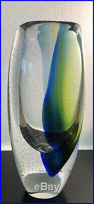 Solid GORAN WARFF KOSTA BODA SWEDEN Signed Green Blue Glass Vase With Bubbles