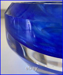 VICKE LINDSTRAND KOSTA BODA Bowl Blue Circle Decor Solid Art Crystal Signed 1960