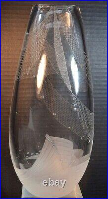 Vicke Lindstrand Etched Kosta Crystal/Glass Vase, Fishing Subject