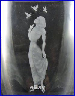 Vicke Lindstrand KOSTA Glass Woman & Birds Etched Elliptical VASE 10 3/4