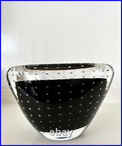 Vicke Lindstrand for Kosta Boda Sweden Black Clear Controlled Bubble Vase 60's