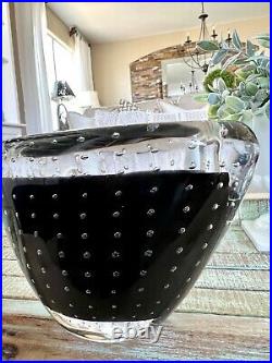 Vicke Lindstrand for Kosta Boda Sweden Black Clear Controlled Bubble Vase 60's