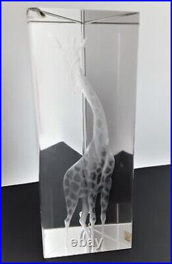Vicke Lindstrand for Kosta Boda Triangular Prismatic Glass Block Giraffe Etching