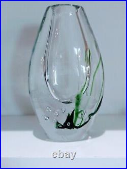 Vicke Lindstrand for Kosta Seaweed and Fish Art Glass Vase 1960's MCM 42349