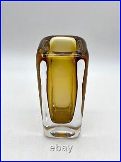 Vintage 1960s Kosta Boda Vicke Lindstrand Amber Sommerso Square Glass Vase 6.5