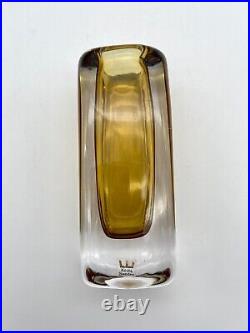 Vintage 1960s Kosta Boda Vicke Lindstrand Amber Sommerso Square Glass Vase 6.5