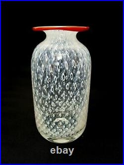 Vintage Boda Bertil Vallien White Bubbled Control Red Lip 8' Art Glass Vase