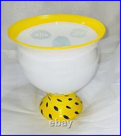 Vintage Kosta Boda Bird Yellow Vase Large White Black Art Glass Signed