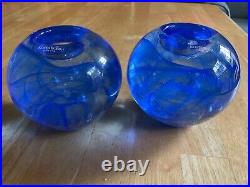 Vintage Kosta Boda Blue Art Glass Pair of Tea Light Candleholders, Votives