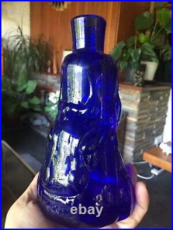 Vintage Kosta Boda Erik Hoglund Bottle / Vase with Lady and Bull in Cobalt Blue