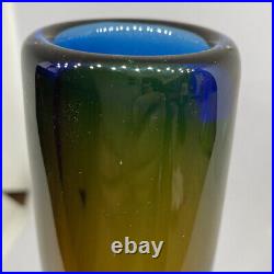 Vintage Kosta Boda Glass Amber Blue Vase Hand Signed Handmade