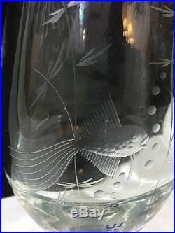 Vintage Kosta Vase Sweden Signed Numbered Engraved Fish Large Mid Century Modern