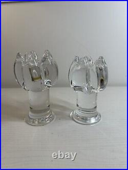 Vintage Pair of Kosta Boda Crystal Flower Candlesticks by Goran Warff MCM Signed